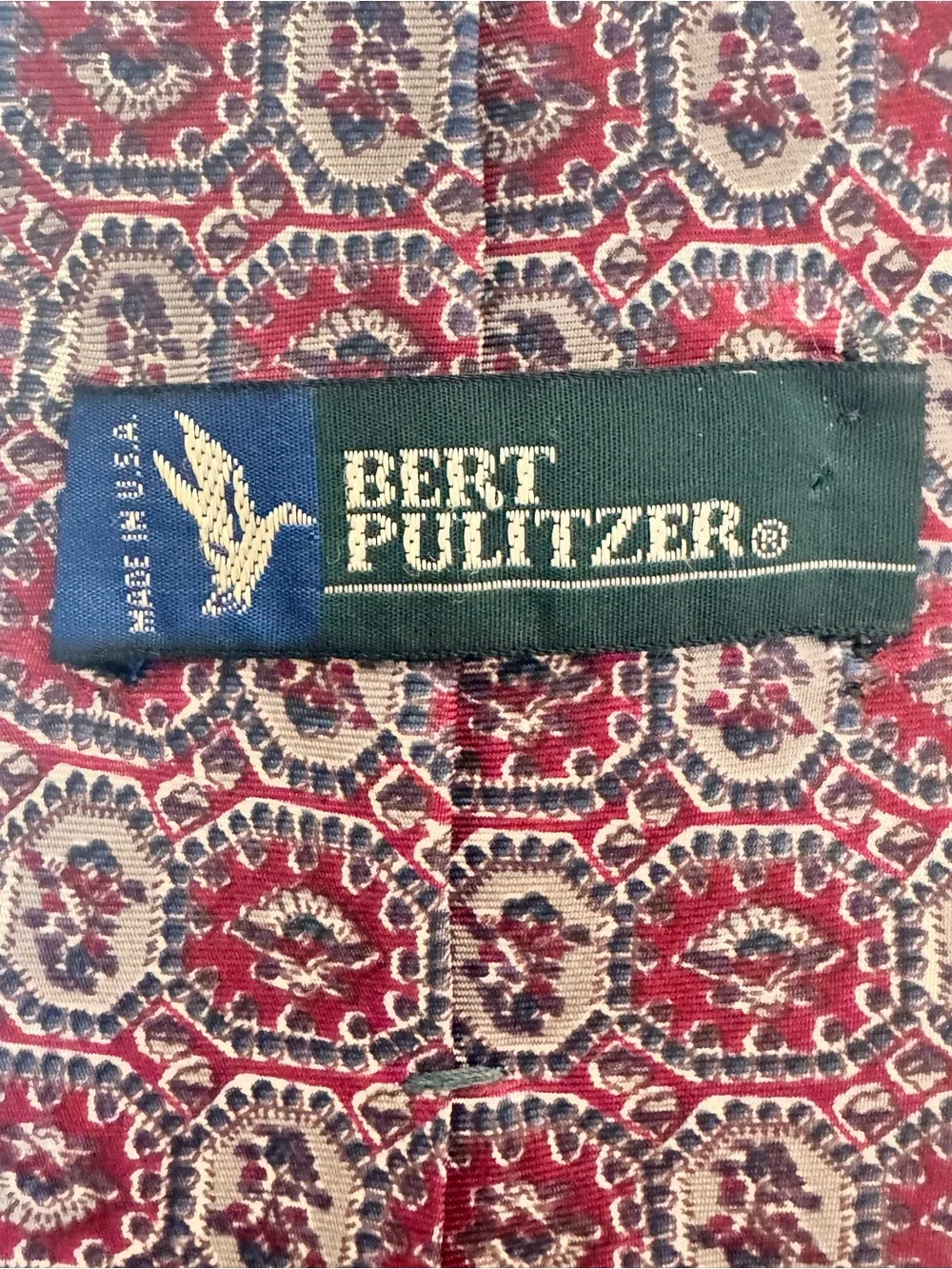 Bert Pulitzer Men’s Necktie Red & Blue Medallion 100% Silk Tie Made in USA